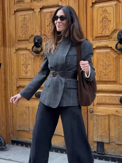 Women Irregular Plaid Blazer Jacket Stand Collar Full Sleeve Split Loose Short Jackets 2026 Fashion Lady Daily Commute Outwears