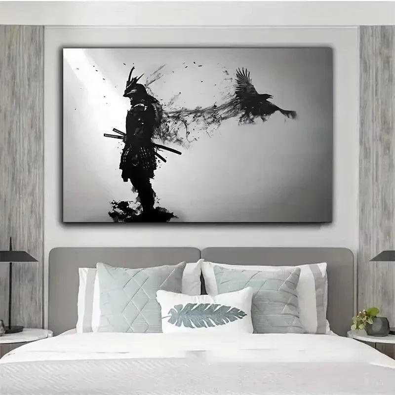 Black and White Japanese Black Samurai Man with Crow Posters and Print Wall Art Canvas Painting for Living Room Cuadros Decor