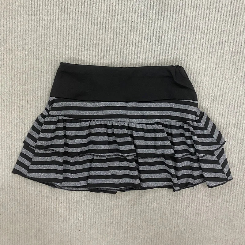 2026 Summer New Women's Wear  Y2K Grunge Black and Grey Striped Ruffle Mini Skirt  High Waist Elastic Waist Tight A-line Skirt