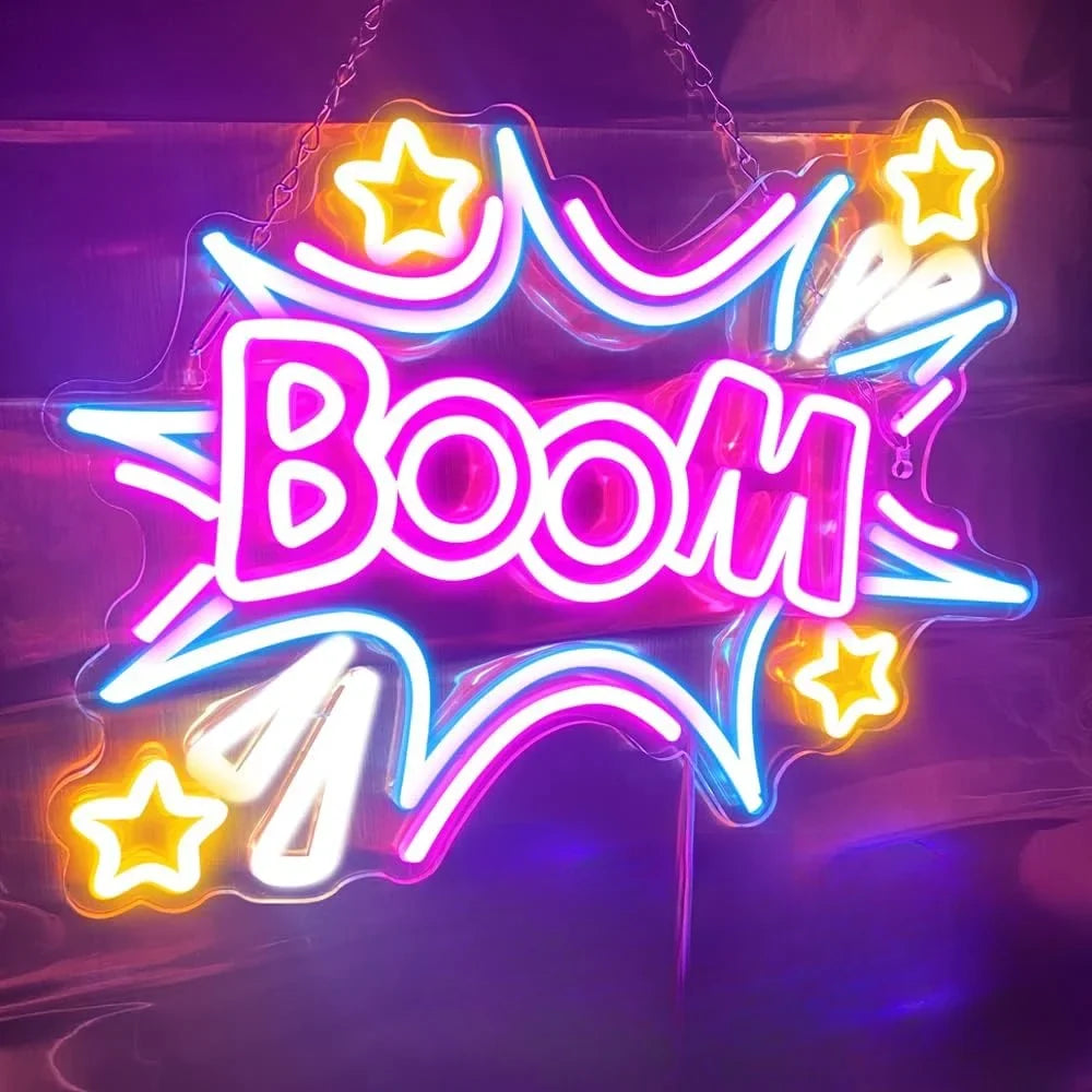 Boom Neon Sign Cool Neon Sign Wall Decor for Bedroom Man Cave Restaurant Bar Party Birthday Gift for Friend USB Powered