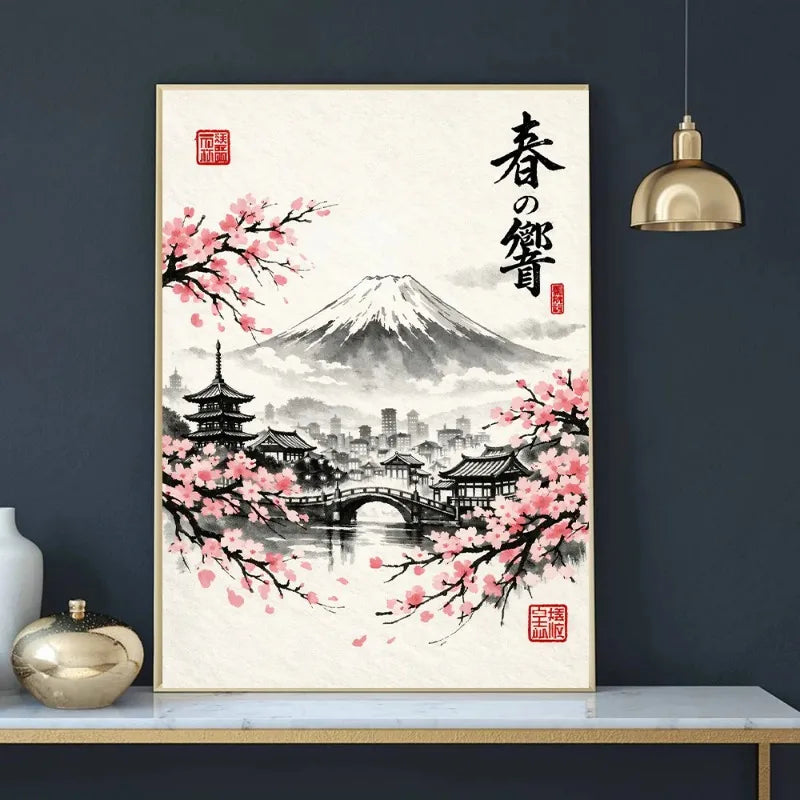 Japanese Ink Painting Landscape Spring Cherry Blossoms Canvas Print Asian Style Wall Art Poster for Living Room Home Decor Gift