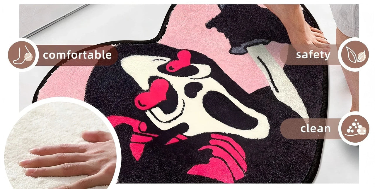 VIKAMA Heart-Shaped Skull Carpet Soft and Comfortable Halloween Decorative Floor Mat Bedside Rug Bathroom Foot Mat Home Decor