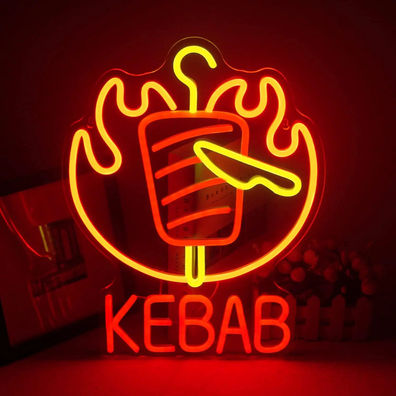 KEBAB Food LED Neon Sign with Flames and Knife for Kebab Shop Restaurant Bar Decor Home Party Unique Advertising Sign