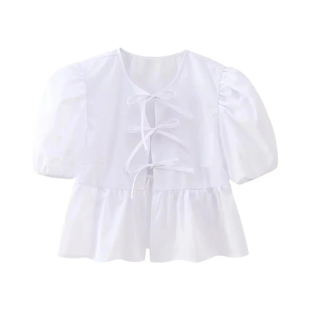 HH Fashion Solid Hollow Out Shirt Women Causal O Neck Short Sleeved Lace Up Tops Chic Female Casual Blouse Streetwear 2024