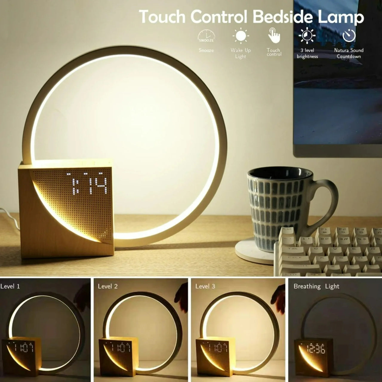 Alarm Clock Wake Up Night Light Phone Charging with White Noise Timing 3 Level Dimmable Touch Table Lamp for Bedroom Beside Lamp
