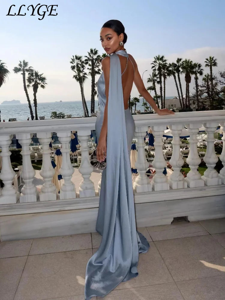 Elegant Women's Ribbon Long Satin Party Dress Halter Backless Sleeveless Female Dresses 2026 Summer Lady Solid Evening Gowns