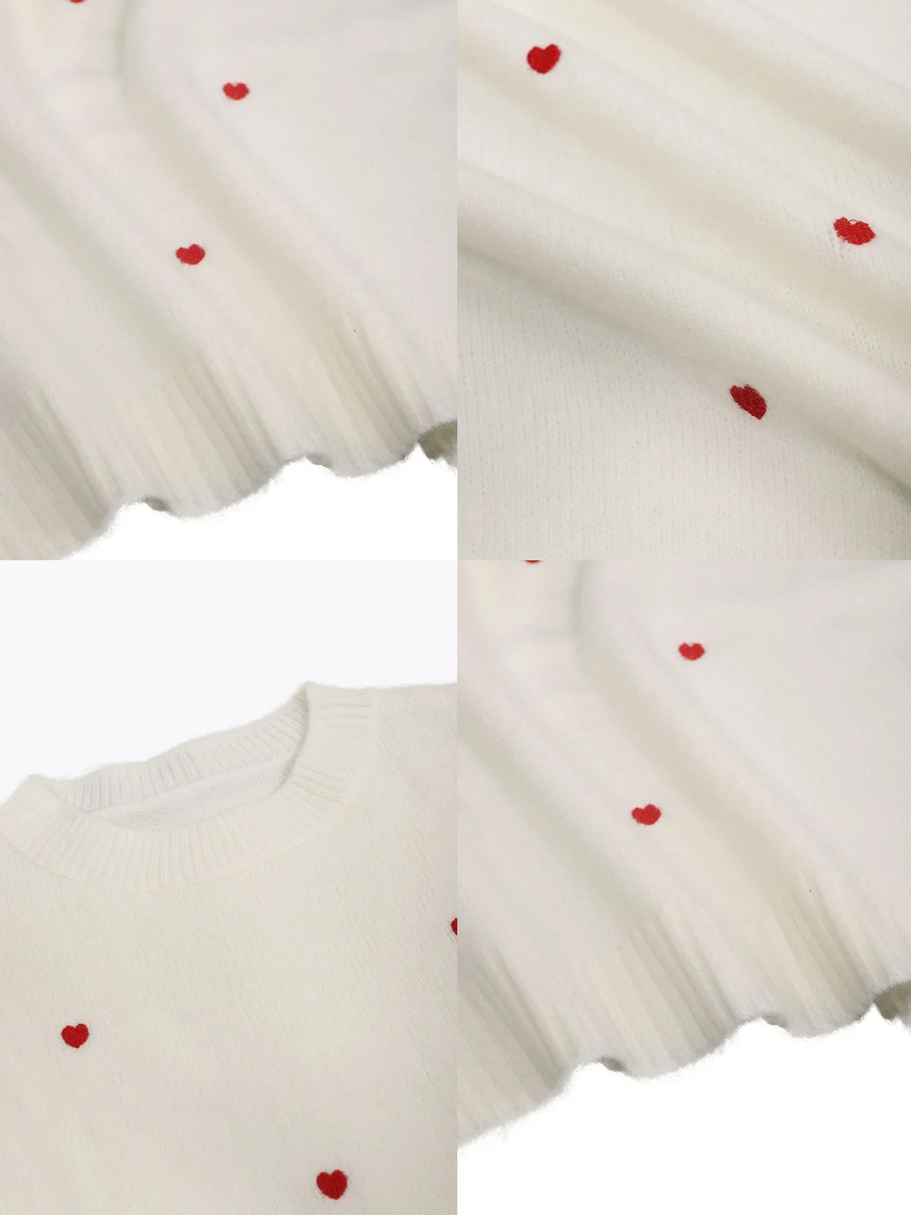 Women's Cream Red Heart Embroidered  Knit Sweater Crew Neck Long Sleeve Casual Pullover Fashion Comfortable Top
