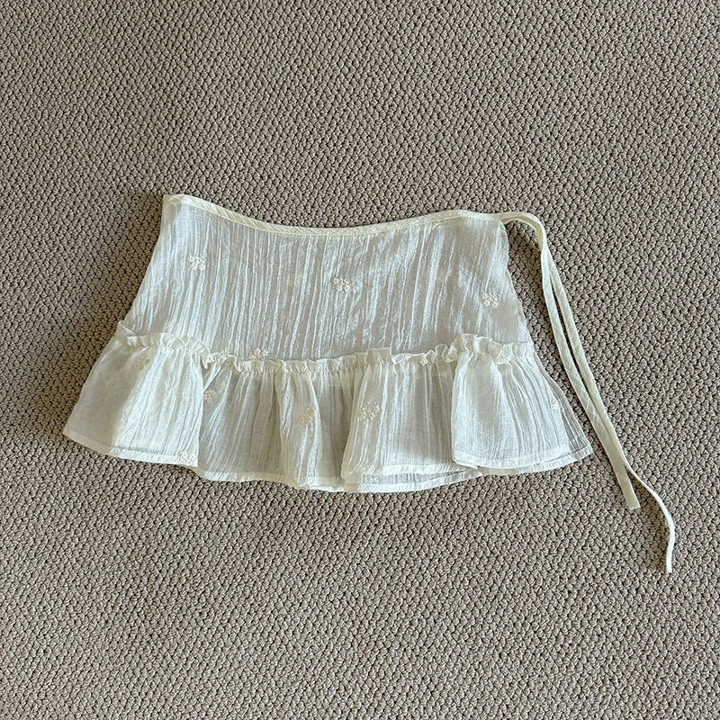 Solid Harajuku White Beige Mesh Lace Skirt Y2k Korean Girl Stacked Skirt Chic Apron Wrap Skirt Lace Up Matching Pants Streetwear