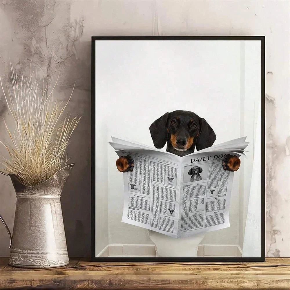 Modern Simple Animal Wall Art Dachshund Toilet Reading Newspaper Canvas Printed Poster Home Bathroom Bedroom Decoration