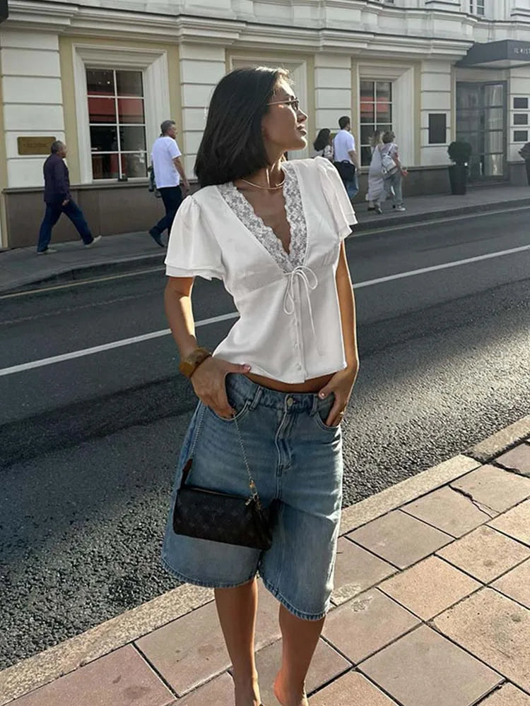 Ahagaga Causal Women Tops Solid Lace -Neck Short Sleeves Satin Slim Button Regular Eelgant Streetwear Tees Female Basic T Shirts