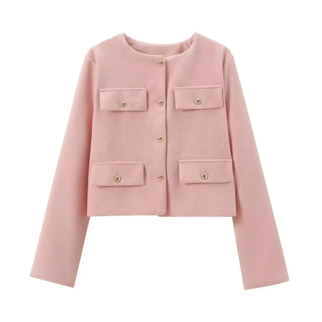 HH Women Vintage Solid Coat Button Long Sleeve O Neck Jacket With Pocket 2024 Spring Elegant Female Casual Outerwear Jakcet