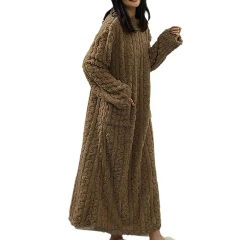 Coral Velvet Women's Nightgown Autumn And Winter Long Sleeve Double Pocket Flannel Nightgowns Women Loose Solid Sleepwear