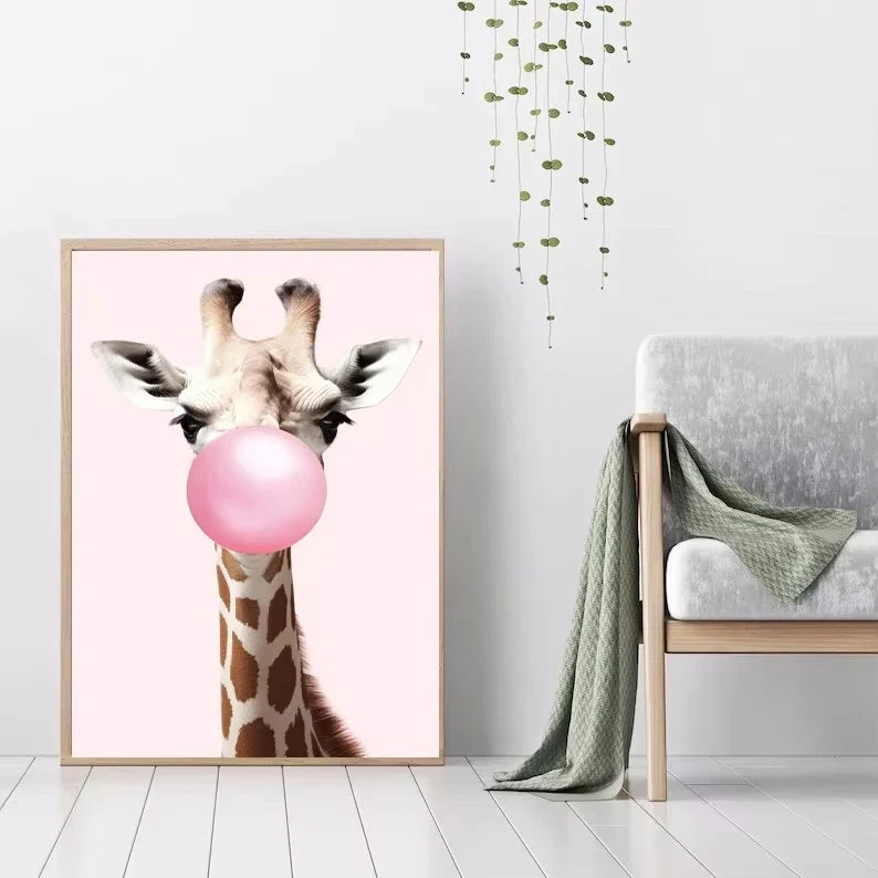 Cute Pink Panda Giraffe Bunny Cheetah Zebra Blowing Bubble Gum Poster Nursery Canvas Painting for Kids Room Animal Print Decor