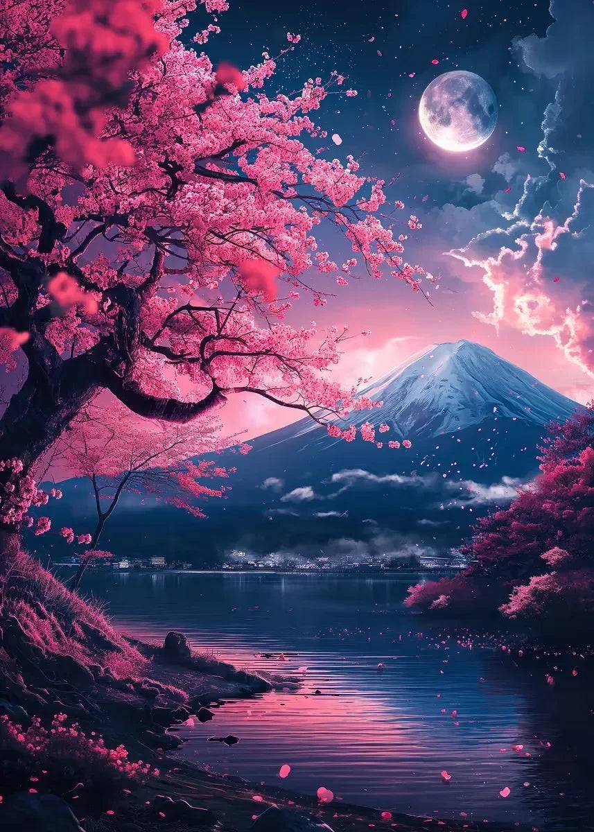 Pink City Asian Travel Japanese Cherry Blossoms At Mount Fuji Poster Light Prints Canvas Painting Wall Pictures Home Room Dec
