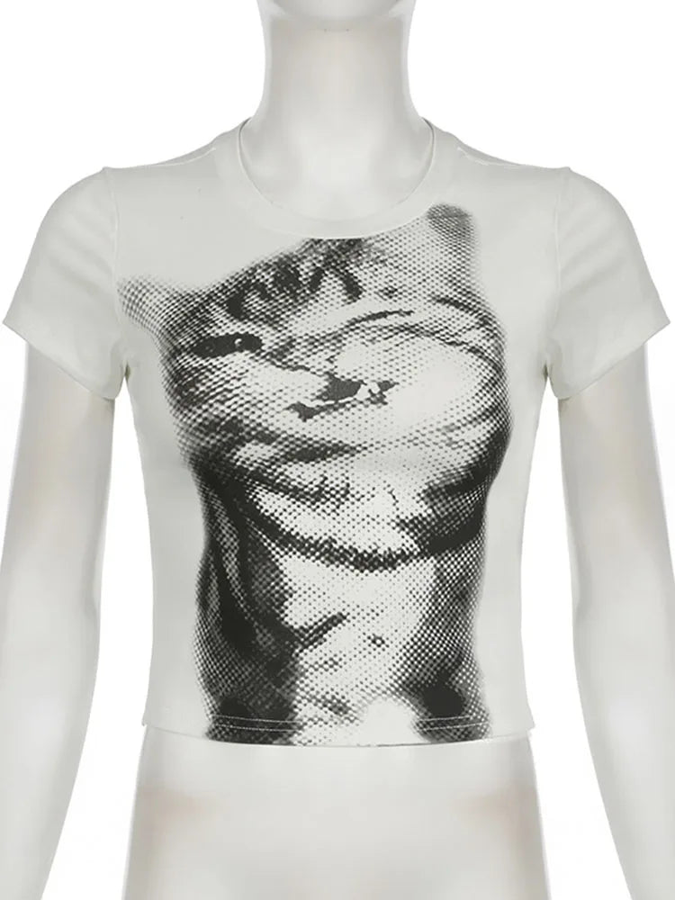 Women's Harajuku Animal Print Crop Top Basic White Short Sleeve Crewneck Slim-Fitting T-Shirt Casual Y2K Vintage Lady Tees