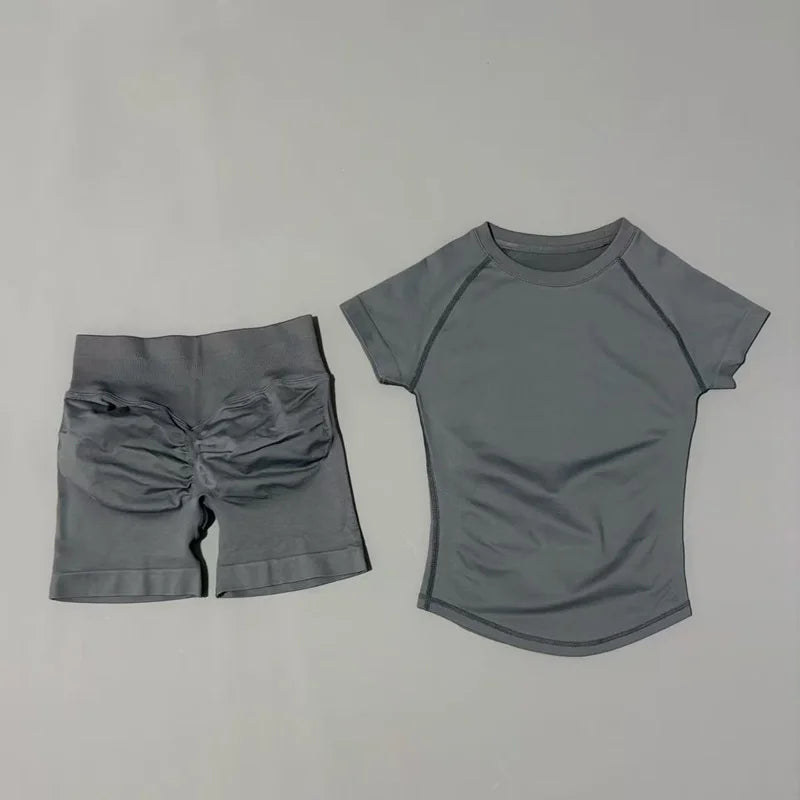 2 Pcs HISTELLO Sports Gym Sets Short Sleeve Seamless Yoga Clothing Fitness Set Women Workout Running Sports Short Leggings Suit