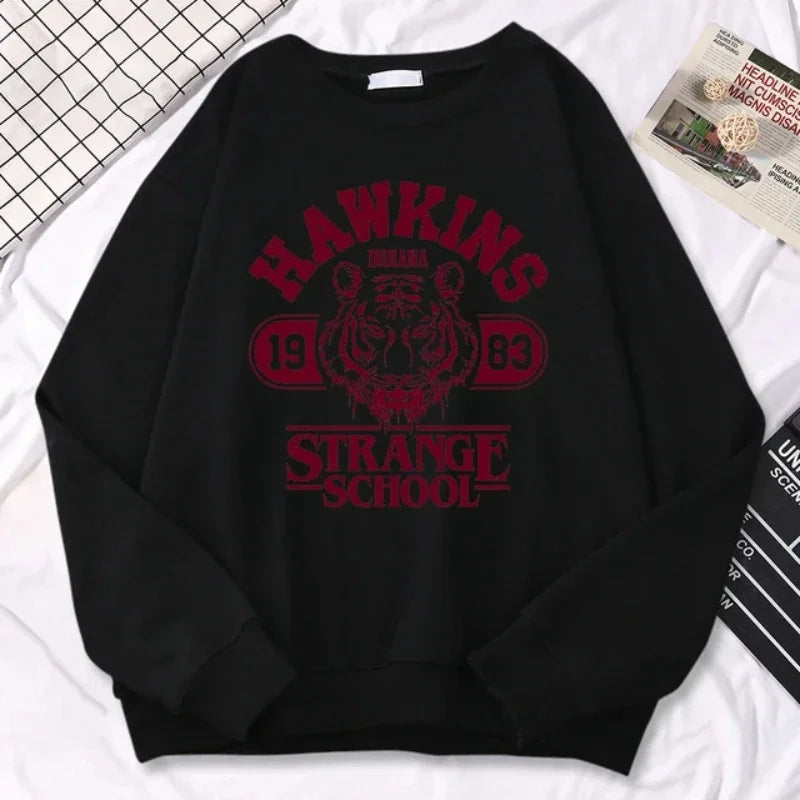 Casual Street Women's Sportswear Hawkins High School Indiana 1983 Printed Hoodie Loose Round Neck Warm Hoodie