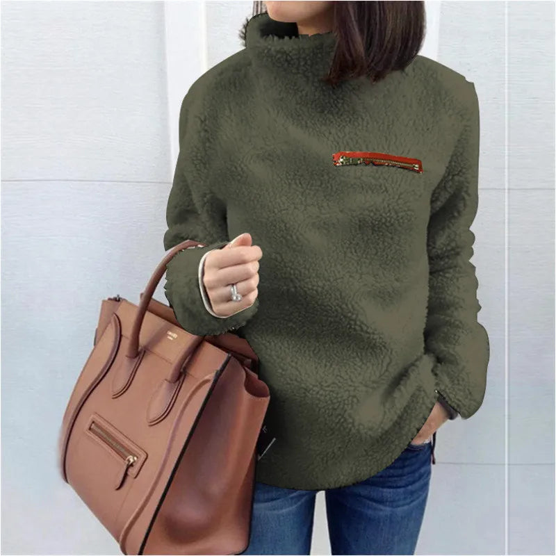 Women Autumn Winter Warm Velet Turtleneck Pullover Sweater Fashion Zipper Super Soft Long Sleeved Tops Female Solid Loose Cloths