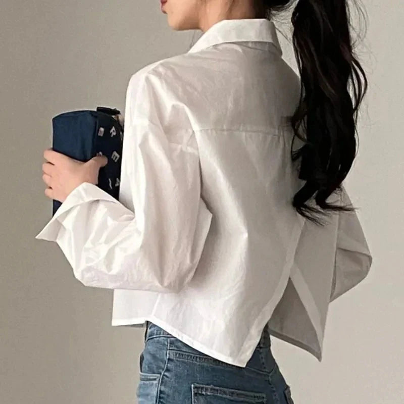 Zadily 2023 Spring New Casual Long Sleeve Women White Shirt Korea Style Solid Button Split Woman Crop Tops Blouse Party Clothing