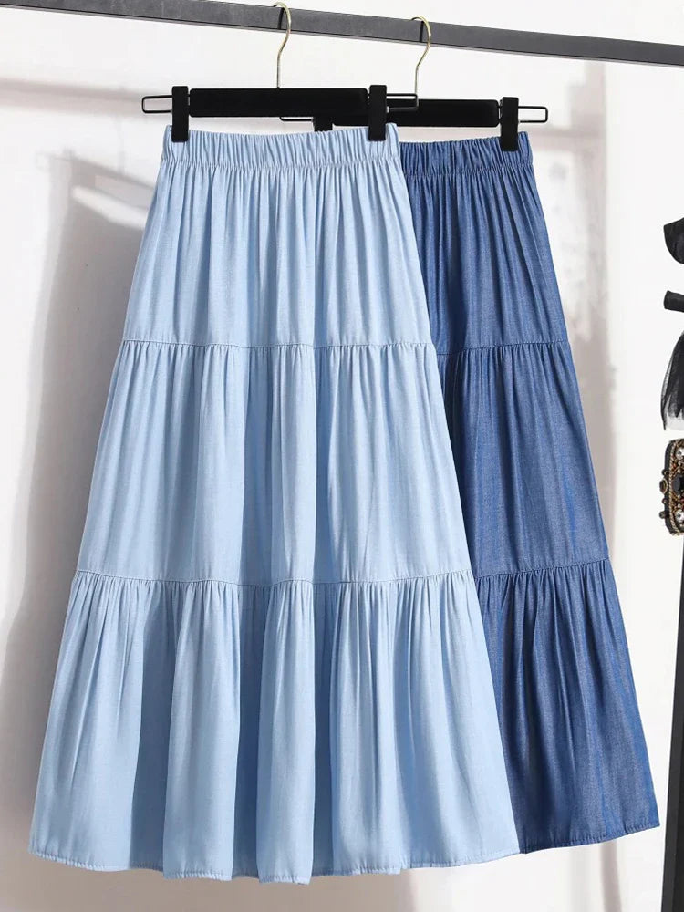 Spring Summer Women Skirts Vintage High Waist Elastic Patchwork White Black Chic Long Cake A-line Skirt