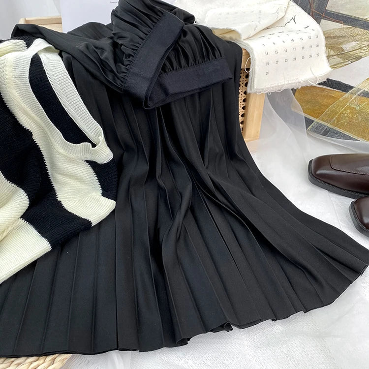 2026 Elegant High Waist Pleated Skirt for Women Mid-long Midi Skirt Female High Quality Black Saia