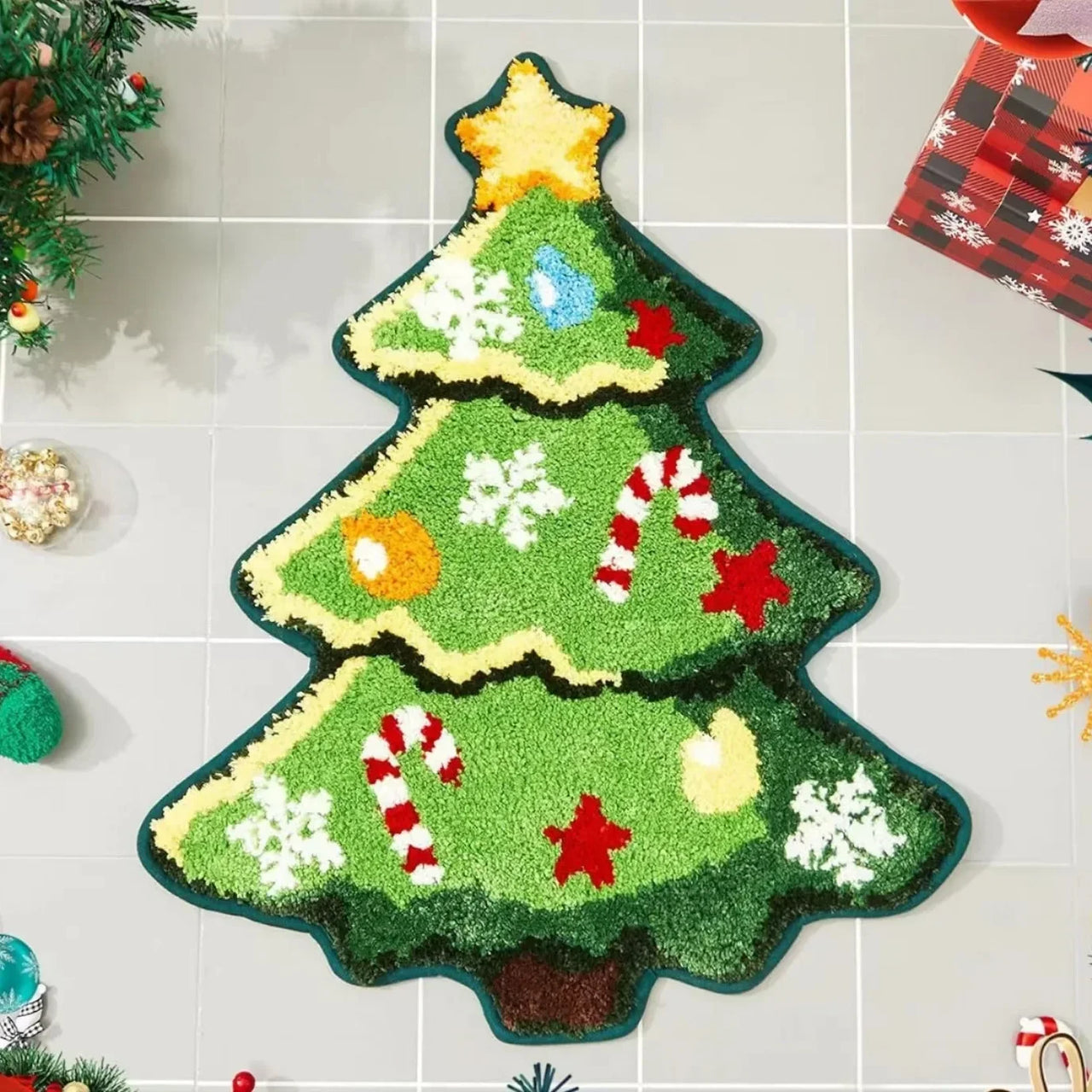 VIKAMA Cartoon Christmas Tree Wool-like Carpet Soft Anti-slip Floor Mat Entry Door Mat Festival Atmosphere Home Decoration
