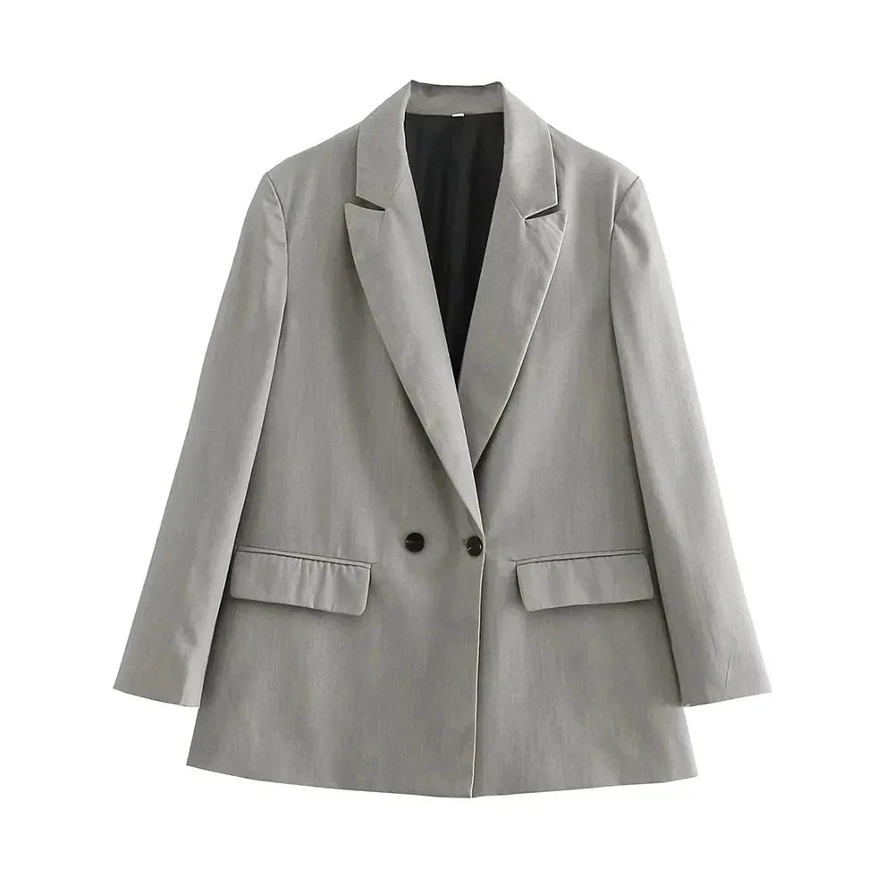 Women Fashion Double Breasted Loose Fitting Blazer Coat Vintage Long Sleeve Pockets Female Outerwear Chic Veste Femme