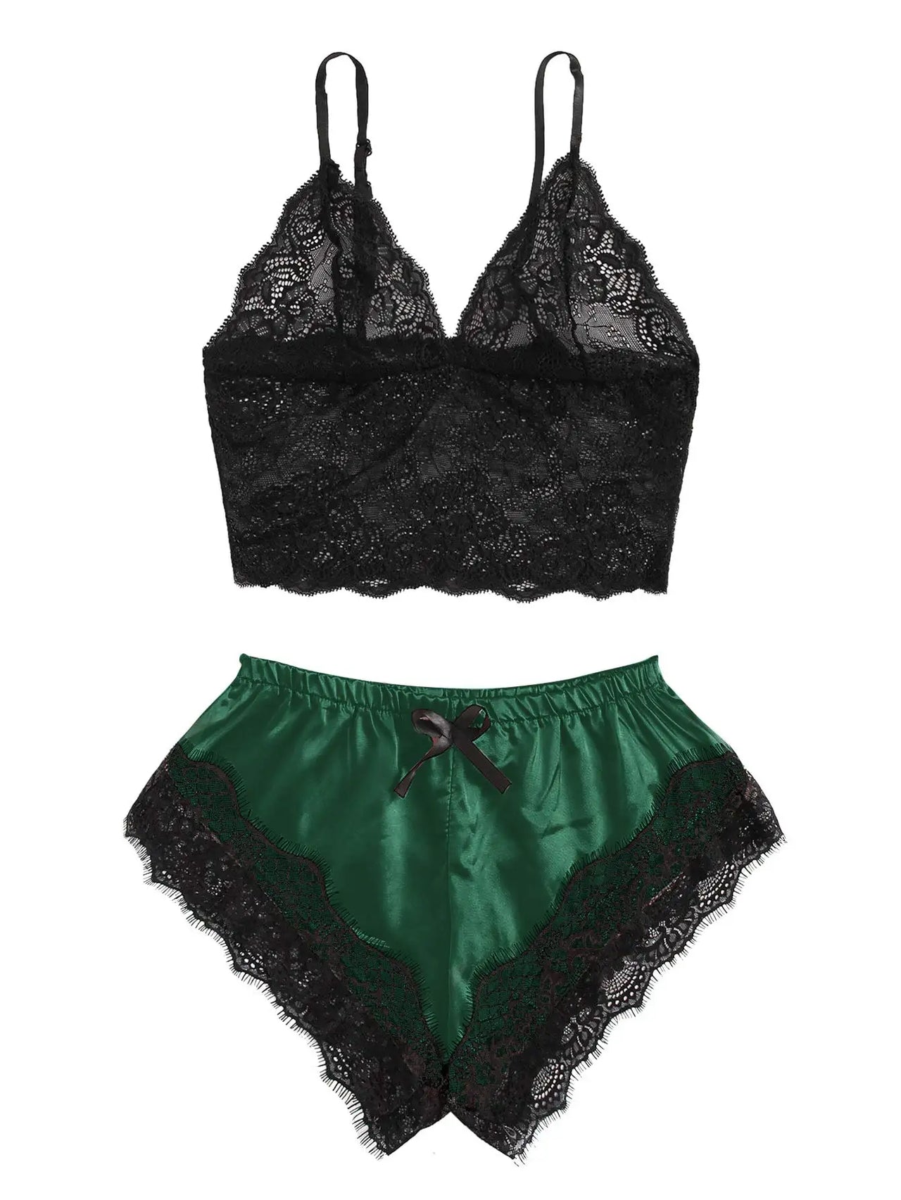 2PCS Women's Satin Pajama Set Lace Cami Top and Shorts Sexy Lingerie Sleepwear Summer Breathable Nightwear Black And Pink