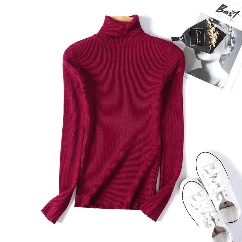 2026 Autumn Winter Women Long Sleeve Knitted Foldover Turtleneck Ribbed Pull Sweater Soft Warm Femme Jumper Pullover Clothes