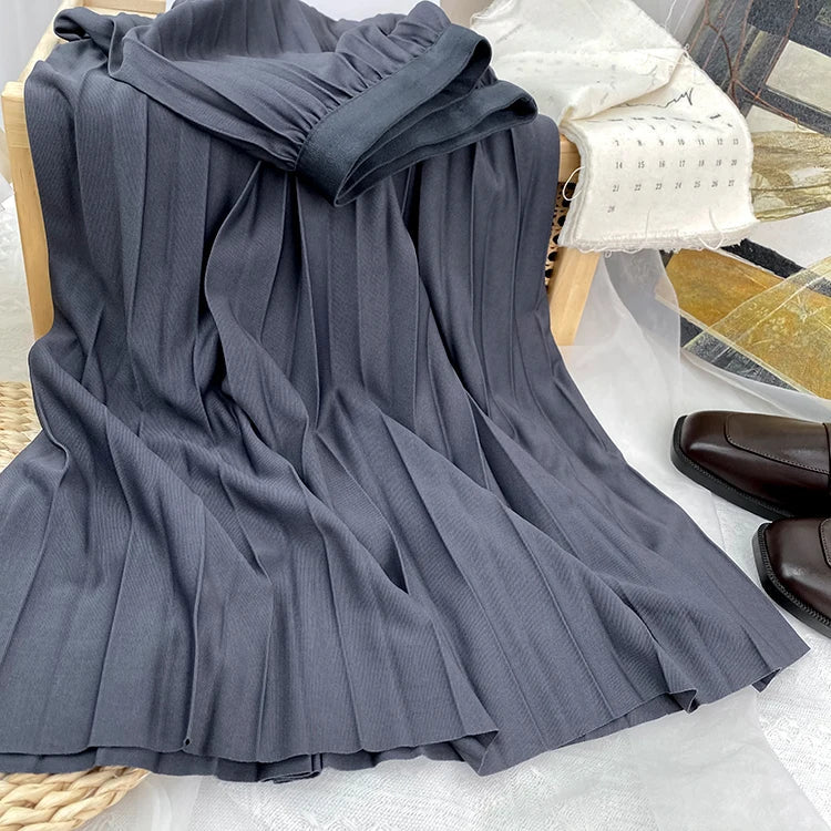 2026 Elegant High Waist Pleated Skirt for Women Mid-long Midi Skirt Female High Quality Black Saia