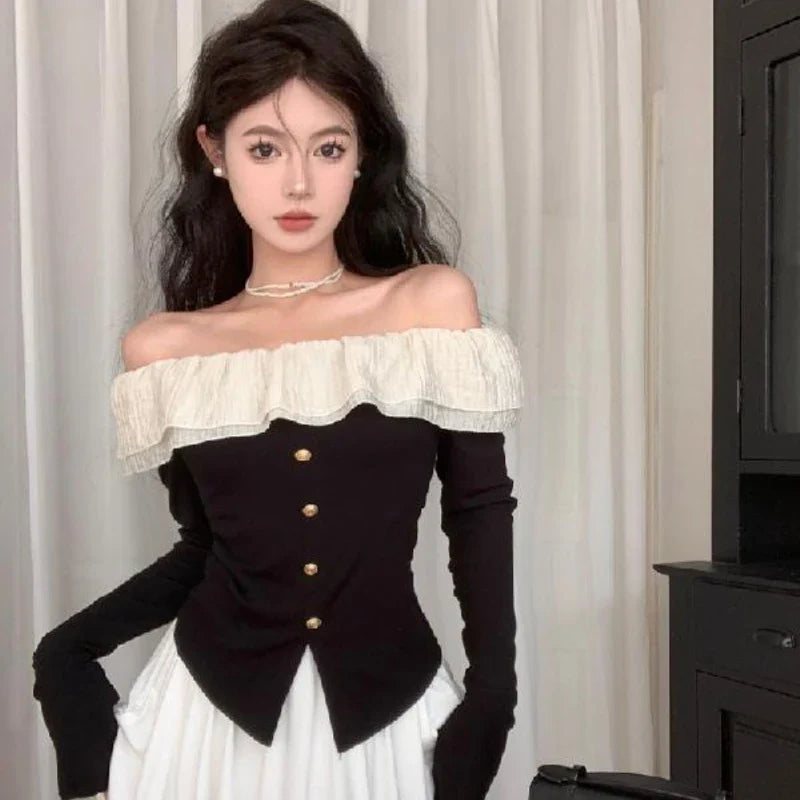 Slash Neck T-shirts for Women Off-shoulder Long Sleeve Tees Elegant French Style Feminine Sweet Ruffles Tops Chic Street Wear