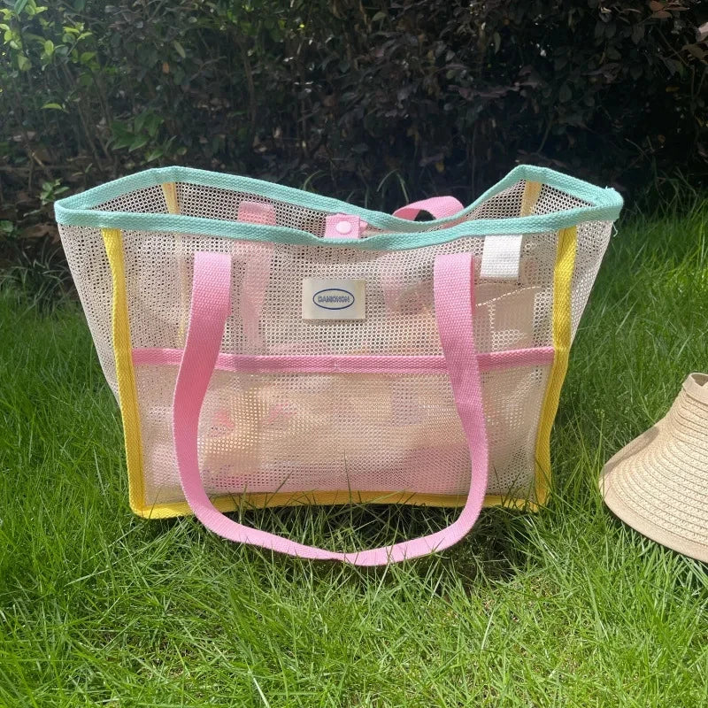 Ladies Summer Transparent Mesh Breathable Handbag Outdoor Beach Shower Handbag Large Capacity Beach Bags Portable Swimming Tote