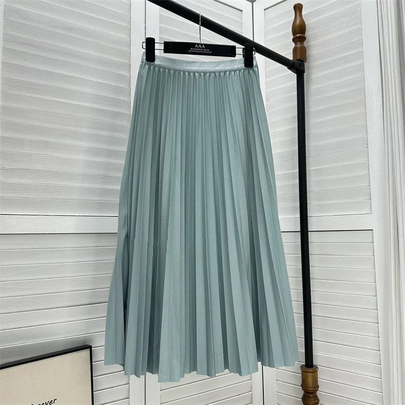 2026 Elegant High Waist Pleated Skirt for Women Mid-long Midi Skirt Female High Quality Black Saia