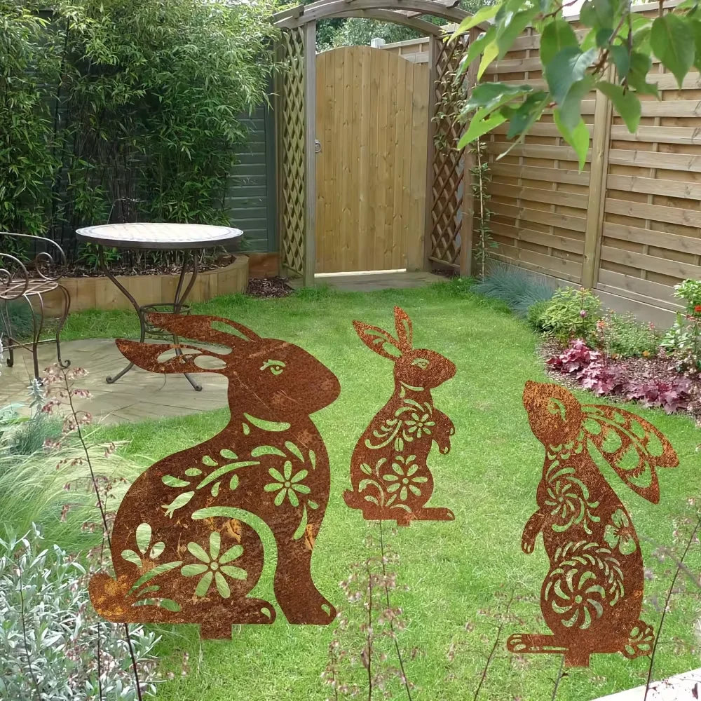Lovely Rustic Metal Rabbit Garden Post Patinated Rusty Finish Great for Outdoor Adornment Backyard Patio Farm Area