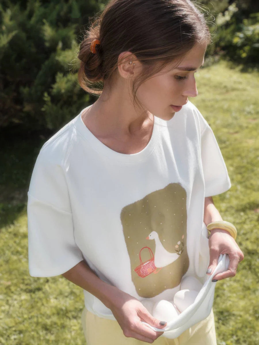 Sumuyoo Cotton Women's Fashionable Printed T-shirt Casual Vintage Fashion Hip Hop Loose Top 230g/m³ Printing Short Sleeve