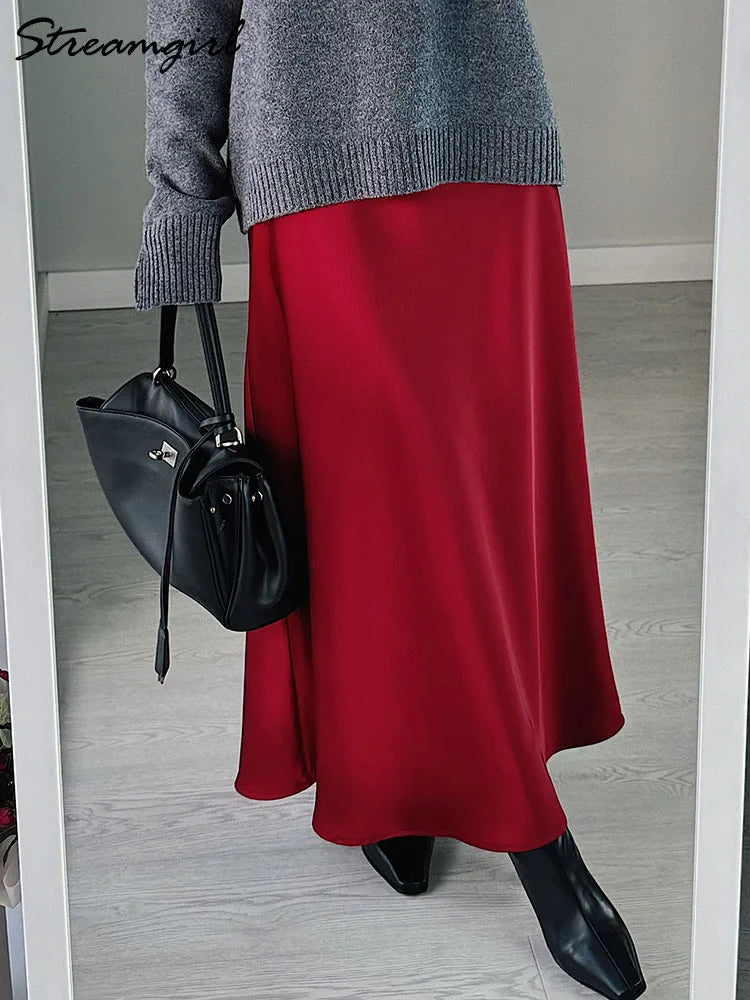 Long Satin Skirts Women Dark Green Luxury Spring Summer Maxi Straight Black Skirt Long Shining Satin Skirt Maxi Brown Ladies