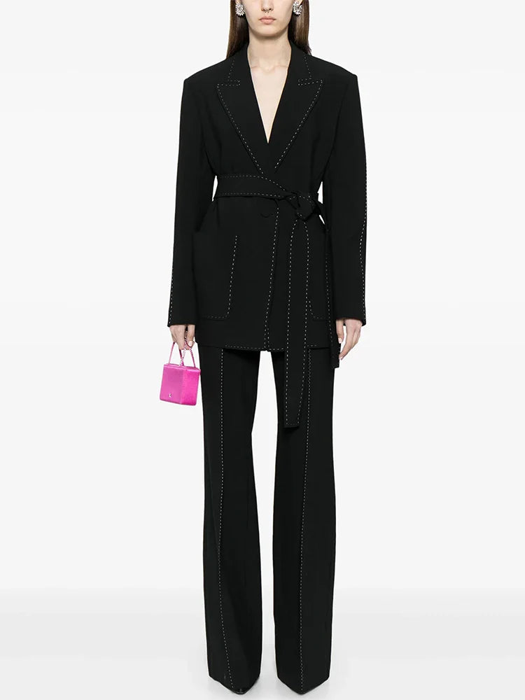 HIGH STREET Newest Fashion 2026 Designer Suit Set Women's Contrast Stitching Belted Blazer Pants Suit 2pcs