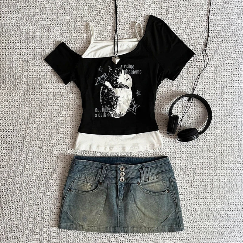 Asthetische Goth Fledermaus Brief Y2K Stil zweitelige T-Shirt Kurzarm Weste Harajuku Streetwear Hosentrger Frauen Kleidung Shirt