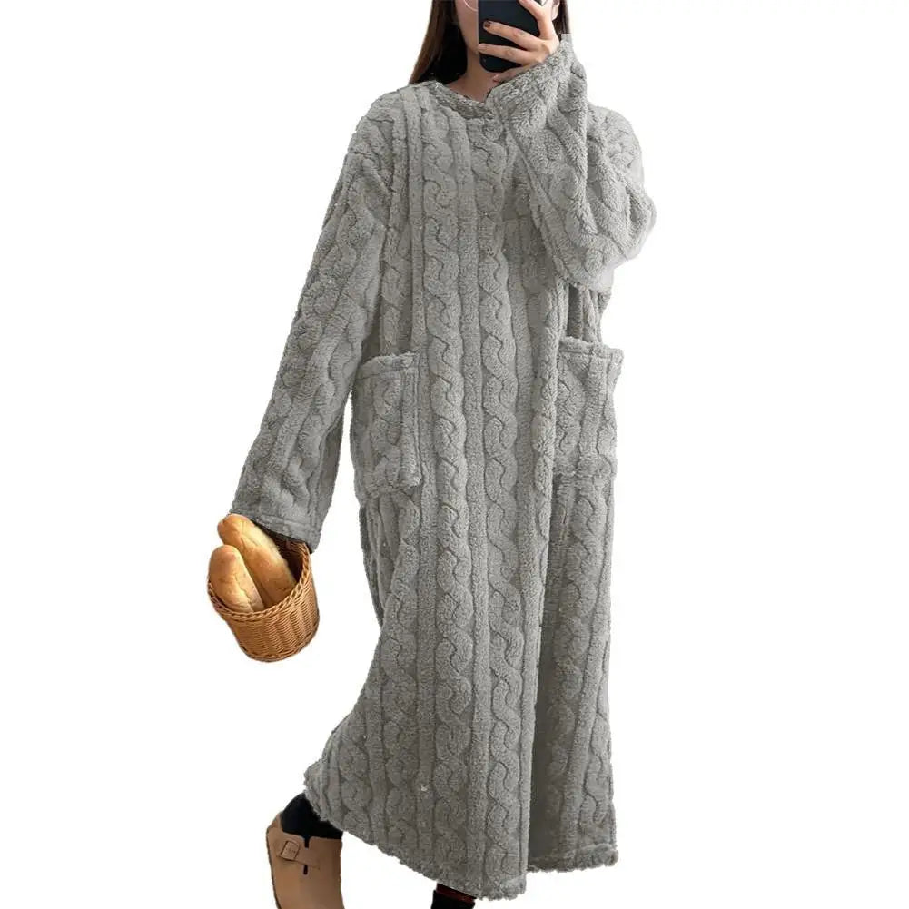 Coral Velvet Women's Nightgown Autumn And Winter Long Sleeve Double Pocket Flannel Nightgowns Women Loose Solid Sleepwear