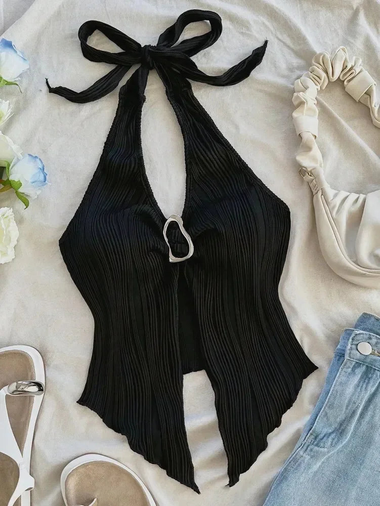 Summer for Women Sleeveless Top Clothes Solid Split Backless Women Sexy V-neck Halter Neck Crop Top