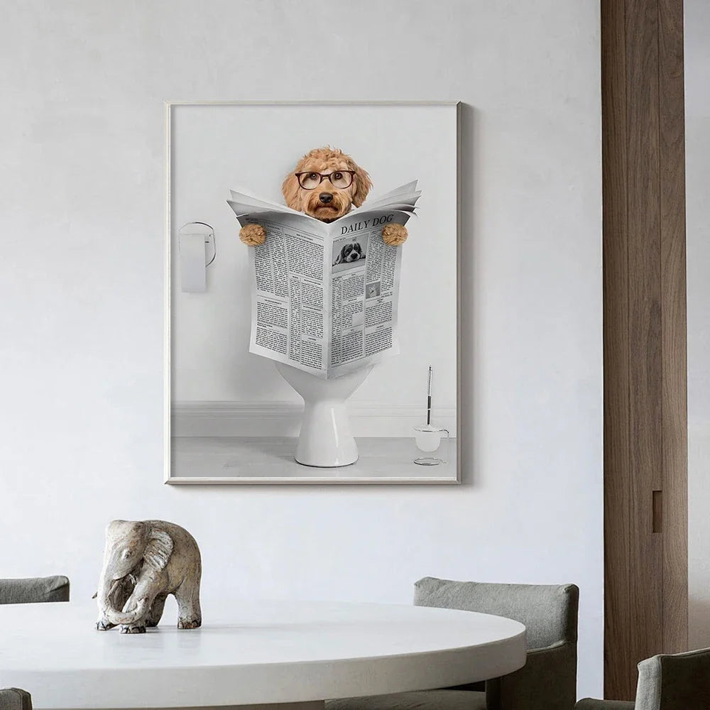 Modern Simple Animal Wall Art Dachshund Toilet Reading Newspaper Canvas Printed Poster Home Bathroom Bedroom Decoration