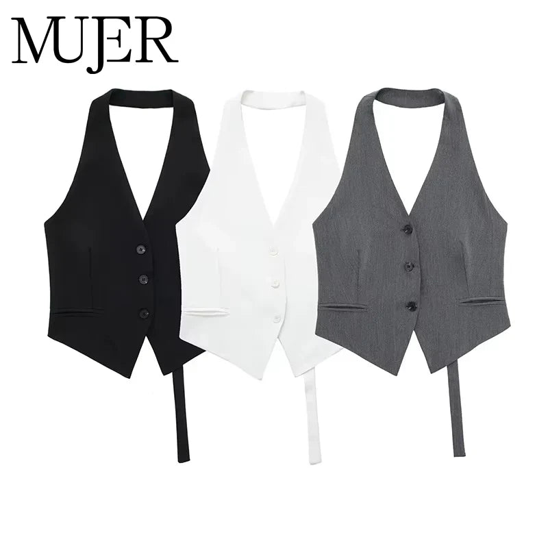 MUJER Off Shoulder Sleeveless Vest Women Black White Cropped Vest Woman Fashion Backless V Neck Short Coats Summer Waistcoat