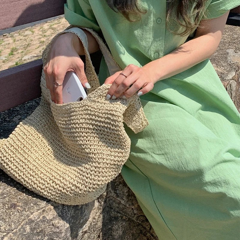 Summer Beach Resort Fashion Straw-Woven Ladies Large-Capacity Shoulder Bag WIth Hand-Woven Beach