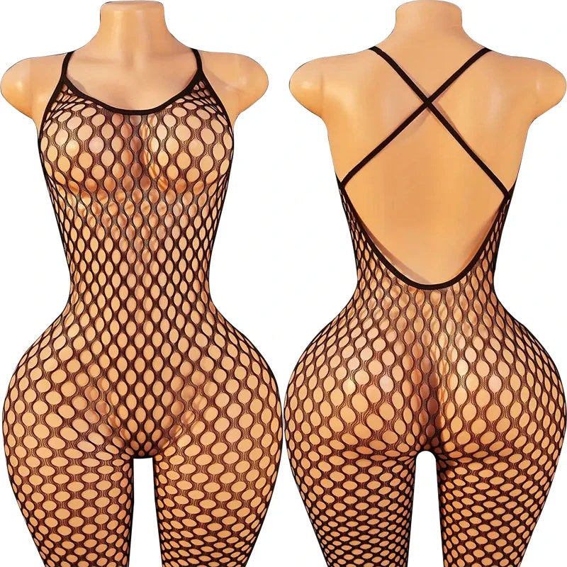 Summer Fashion Slim Teddy Bodysuits Women Sexy Bodycon Fishnet Hollow Rompers Stretch Mesh Sheer Halter O Neck Female Body Suits