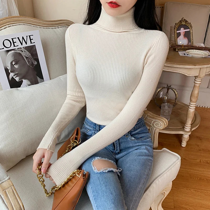 2026 Autumn Winter Women Long Sleeve Knitted Foldover Turtleneck Ribbed Pull Sweater Soft Warm Femme Jumper Pullover Clothes