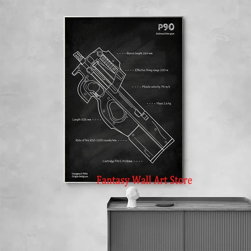 Weapons Blueprint Poster Black Board Guns Blueprint Wall Art Canvas Painting Military Enthusiast Home Room Wall Decor Gunfight