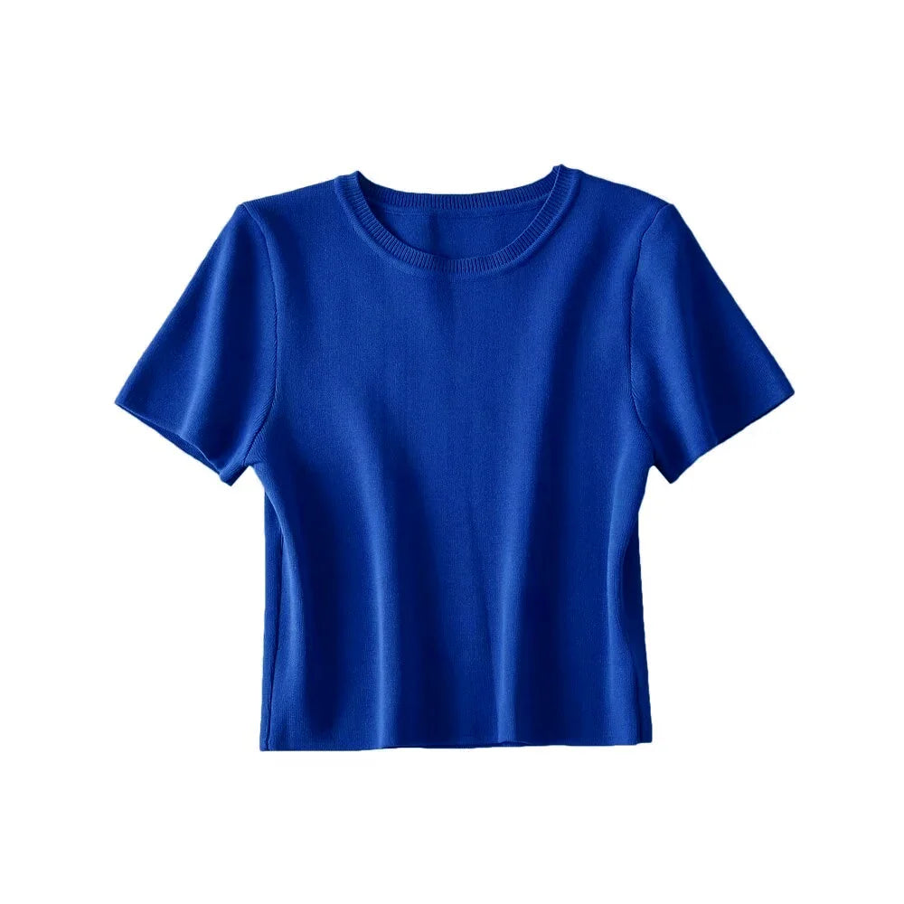 Women Fashion Striped Basic Cropped Knit Sweater Vintage O Neck Short Sleeve Female Pullovers Chic Tops