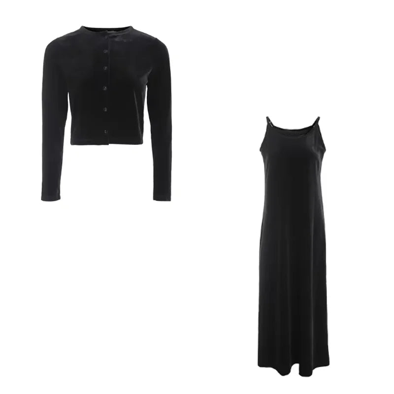 2024 Autumn Women Solid Color New Sleeveless Dress Single-breasted Long-sleeved Cardigan And Long Robes Female Casual Clothes