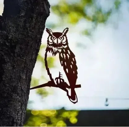 Metal Bird Tree Yard Decor - Crow & Owl Silhouette Steel Art Sculpture, Weather-Resistant Outdoor Garden Decor