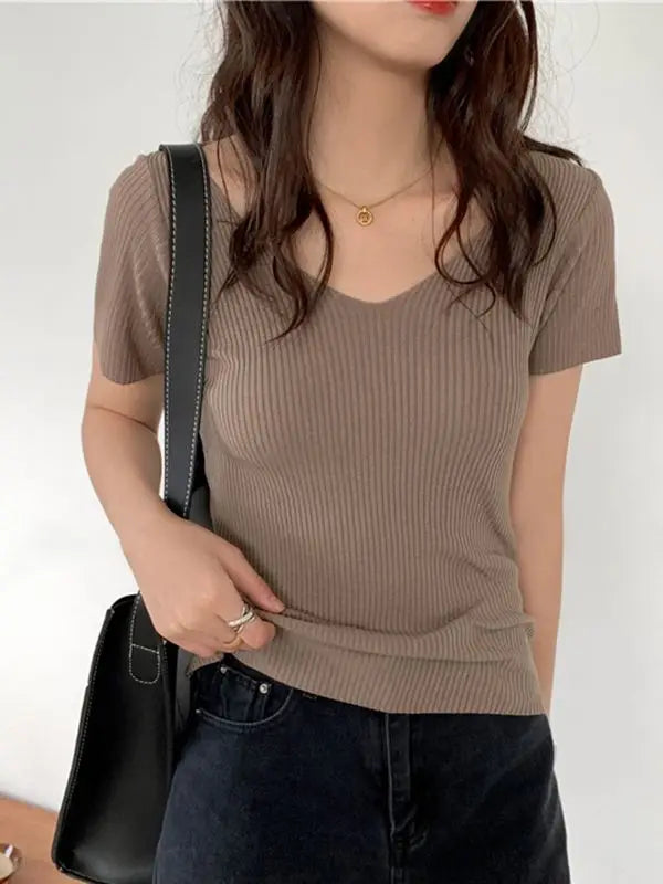 AOSSVIAO 2026 Basic V-neck Solid Thin Summer Pullover Women Female Knitted Ribbed Sweater Slim Short Sleeve Bodycon Sweater